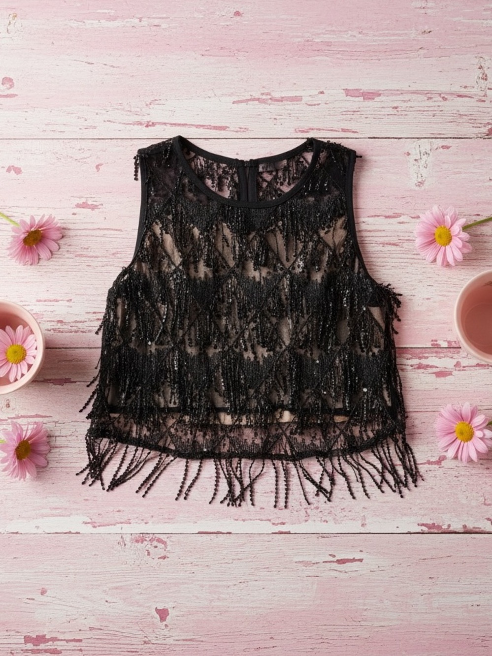 Fringe beaded lace crop top